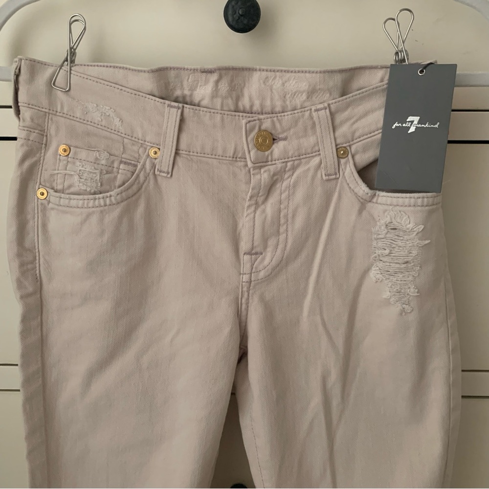 7 For All Mankind Distressed Slim Cigarette Leg Khaki Beige - Picture 9 of 14